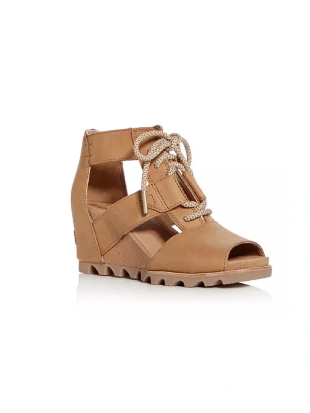 Sorel Joanie Full Grain Leather Lace Up Wedge Open Toe Sandals Tan Brown
